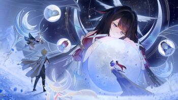 1boy 2girls aether_(genshin_impact) ahoge aria_(genshin_impact) black_hair black_scarf blonde_hair blue_eyes blue_flower blue_petals boots braid braided_ponytail brown_pants canon_(genshin_impact) cape columbina_(genshin_impact) commentary dress english_commentary feathered_wings flower full_moon genshin_impact hair_ornament halo head_wings highres long_hair luonnotar_(genshin_impact) medium_hair moon multicolored_hair multiple_girls paimon_(genshin_impact) pants pappap petals pointing purple_eyes purple_hair romper scarf short_sleeves single_braid sitting sonnet_(genshin_impact) thigh_boots white_cape white_dress white_hair white_romper white_wings wings x_hair_ornament