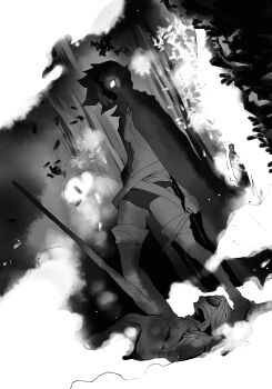 1boy 1girl boots breasts cape dungeon_ni_deai_wo_motomeru_no_wa_machigatteiru_darou_ka elf face_in_shadow gloves greyscale highres holding holding_sword holding_weapon hood hood_up hooded_cape looking_at_viewer monochrome novel_illustration official_art one_eye_in_shadow pointy_ears ryu_lion shirt short_hair short_shorts short_sword shorts small_breasts solo_focus standing stepped_on sword thigh_boots third-party_source weapon yasuda_suzuhito