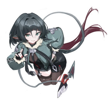 1girl animal_ears black_gloves black_hair black_necktie black_shorts blue_eyes breasts commentary commentary_typo cropped_legs earrings fingerless_gloves fur-trimmed_jacket fur_trim garter_straps gloves grey_jacket hair_intakes hand_on_own_hip high-waist_shorts highres holding holding_knife holding_with_tail jacket jane_doe_(zenless_zone_zero) jewelry knife large_breasts leaning_forward long_hair long_tail looking_at_viewer mouse_ears mouse_girl mouse_tail multicolored_hair necktie notched_ear pantyhose parted_lips pontaselo prehensile_tail red_hair red_nails red_necktie sharp_tail shorts simple_background single_garter_strap single_leg_pantyhose single_thighhigh solo tail thighhighs torn_clothes torn_pantyhose torn_thighhighs two-tone_necktie white_background zenless_zone_zero