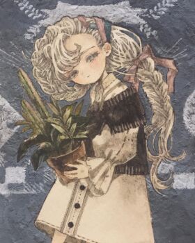 1girl acrylic_paint_(medium) asymmetrical_bangs black_shawl blonde_hair blue_eyes blush bow closed_mouth commentary_request cowboy_shot dress grey_background hair_ribbon half-closed_eyes head_tilt highres holding holding_plant karintoun long_braid long_hair long_sleeves looking_at_viewer original painting_(medium) pale_skin plant potted_plant ribbon shawl solo standing traditional_media watercolor_(medium) white_dress