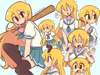 1girl ? @_@ baseball_bat black_thighhighs blonde_hair blue_eyes blue_nails blue_neckerchief blue_skirt blush blush_stickers breasts chibi closed_mouth highres holding holding_baseball_bat long_hair looking_at_viewer medium_breasts neckerchief open_mouth original pleated_skirt school_uniform short_sleeves skirt smile sofo_soup solo speech_bubble spoken_question_mark sweat thighhighs
