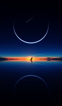 absurdres cat commentary_request crescent_moon dusk highres horizon moon nengoro no_humans original reflective_surface scenery shooting_star signature silhouette sky star_(sky) starry_sky watermark
