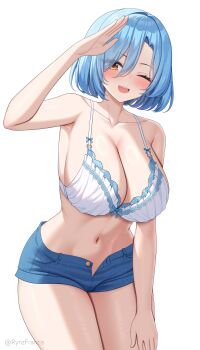 1girl absurdres artist_name bare_shoulders blue_hair blue_shorts blush bra breasts cleavage collarbone commentary commission curtains denim denim_shorts english_commentary hair_between_eyes hand_on_own_thigh hand_up highres indoors large_breasts leaning_forward lingerie looking_at_viewer navel no_shirt one_eye_closed open_clothes open_fly open_mouth open_shorts original pixiv_commission rynzfrancis short_hair short_shorts shorts simple_background smile solo standing teeth thighs underwear upper_teeth_only white_background white_bra yellow_eyes