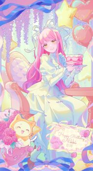 1girl ^_^ animal armchair balloon bib_collar birthday birthday_card blue_sky bouquet buttons cat chair character_name cloak closed_eyes clothed_animal commentary dated day dot_nose dress ear_covers english_text eyelashes flower frilled_dress frilled_footwear frilled_sleeves frills full_body gown grin hair_ribbon happy_birthday hashtag-only_commentary head_tilt heart_balloon high_heels highres hood hood_up hooded_cloak juliet_sleeves large_ribbon light_blush lips long_dress long_hair long_sidelocks long_sleeves looking_at_viewer momo_(nikki) nikki_(nikki) nikki_(series) on_chair outdoors petals pink_flower pink_hair pink_lips pink_rose pleated_dress puffy_sleeves purple_flower red_shoes reean ribbon rose rose_petals shining_nikki shoes sidelocks sitting sky sleeves_past_wrists smile socks star_balloon table turtleneck turtleneck_dress very_long_hair whiskers white_cat white_dress white_ribbon white_socks wisteria yellow_cloak yellow_eyes