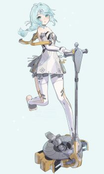 1girl aqua_eyes aqua_hair braid breasts clover_hair_ornament dress elbow_gloves four-leaf_clover_hair_ornament gloves hair_ornament highres long_hair seed_(zenless_zone_zero) segway small_breasts suwa_(swk_kkk) toeless_legwear white_dress zenless_zone_zero