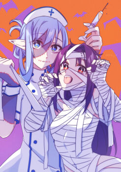 2girls absurdres alternate_costume armpit_peek artist_name asuna_(sao) asuna_(sao-alo) bandaged_arm bandaged_chest bandaged_fingers bandaged_hand bandaged_head bandaged_leg bandaged_neck bandaged_torso bandaged_waist bandaged_wrist bandages bat_(animal) blue_dress blue_eyes blue_hair blue_trim breasts claw_pose colored_skin commentary_request dress hair_between_eyes hair_intakes hands_up hat highres holding holding_bandages holding_syringe leaning_forward long_hair looking_at_viewer medium_hair messy_hair multicolored_skin multiple_girls mummy_costume naked_bandage neosight nurse nurse_cap open_mouth orange_background parted_lips patchwork_skin pointy_ears purple_background purple_hair purple_skin red_eyes short_sleeves sidelocks signature simple_background small_breasts standing sword_art_online syringe tongue tongue_out turtleneck turtleneck_dress twitter_username two-tone_background two-tone_dress upper_body white_dress white_wrist_cuffs wide_hips wrist_cuffs yuuki_(sao) zombification