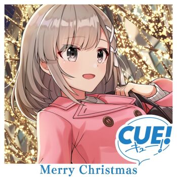 1girl bag blush breasts brown_bag christmas christmas_lights coat copyright_logo cue! english_text grey_eyes grey_hair hair_ribbon hand_up holding holding_bag lips logo long_sleeves looking_at_viewer medium_breasts medium_hair merry_christmas mutsuishi_haruna night official_art open_mouth pink_coat portrait ribbon shirako_miso sidelocks solo sweater tree upper_body white_ribbon white_sweater