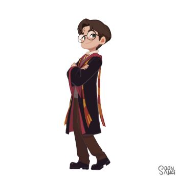1boy brown_hair brown_pants commentary crossed_arms full_body gryffindor harry_potter harry_potter_(series) highres hogwarts_school_uniform hong_soon-sang male_focus pants scar scar_on_face school_uniform short_hair simple_background smile solo white_background wizarding_world