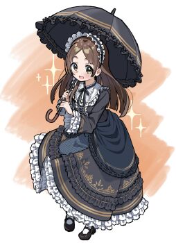 1girl :d black_dress brown_eyes brown_hair chipushishi double-parted_bangs dress forehead four-pointed_star frilled_dress frilled_umbrella frills full_body gakuen_idolmaster gothic_lolita hairband highres holding holding_umbrella idolmaster kuramoto_china lolita_fashion lolita_hairband long_hair middle_part open_mouth shoes smile socks solo star_(symbol) umbrella white_background
