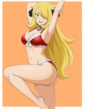 1girl :d alexkonakona alternate_costume armpits arms_up barefoot bell bikini blonde_hair border breasts cleavage collar commentary cynthia_(pokemon) eyelashes fur-trimmed_bikini fur_trim grey_eyes hair_ornament hair_over_one_eye happy leg_up long_hair navel neck_bell nintendo open_mouth orange_background outside_border pokemon pokemon_dppt red_bikini red_collar smile solo swimsuit white_border