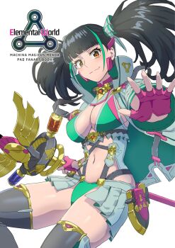 1girl aja_illust black_hair breasts cleavage cover cover_page fingerless_gloves gloves hair_ribbon highres large_breasts menoa_(p&amp;d) multicolored_hair orange_eyes puzzle_&amp;_dragons ribbon simple_background solo streaked_hair thighs twintails white_background