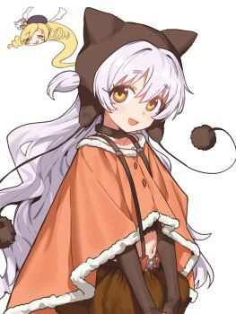 1girl animal_ears beanie ebora fake_animal_ears hat highres long_hair looking_at_viewer magical_girl mahou_shoujo_madoka_magica mahou_shoujo_madoka_magica:_hangyaku_no_monogatari momoe_nagisa momoe_nagisa_(magical_girl) navel pom_pom_(clothes) role_reversal solo_focus tomoe_mami tomoe_mami_(magical_girl) very_long_hair white_background