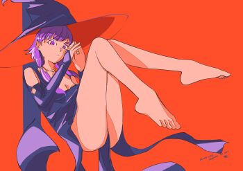 1girl absurdres alternate_costume bare_shoulders barefoot feet fire_emblem fire_emblem:_the_sacred_stones halloween halloween_costume hat highres low_twintails lute_(fire_emblem) nintendo pokomi_9 purple_eyes purple_hair toes twintails witch witch_hat