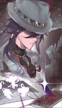 Rule 34 | 1boy, ashveil (honkai: star rail), black hair, black shirt, cillpnpn, commentary, crescent, crescent pin, fedora, gradient hair, hat, hat ornament, highres, honkai: star rail, honkai (series), jacket, jewelry, lapel pin, long hair, male focus, multicolored hair, necklace, purple eyes, shirt, solo, tooth necklace, turtleneck, untranslatable commentary, white hair, white hat, white jacket