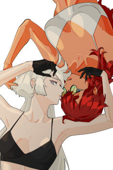 2girls absurdres ahoge bra glasses gloves grey_eyes gundam gundam_suisei_no_majo highres miorine_rembran multiple_girls red_hair snapagi suletta_mercury thick_eyebrows underwear white_hair wife_and_wife yuri