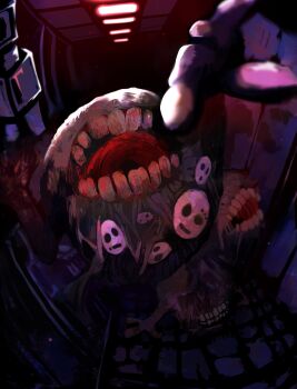 Rule 34 | absurdres, blood, blood on teeth, extra mouth, extra teeth, fisheye, highres, horror (theme), indoors, inumata0823, lobotomy corporation, monster, mountain of smiling bodies, multiple faces, no humans, open mouth, project moon, teeth