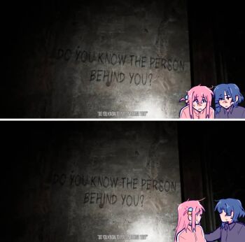 Rule 34 | absurdres, ahoge, black shirt, blue hair, blush, bocchi the rock!, cube hair ornament, derivative work, do you know the person behind you? (meme), english text, gotoh hitori, hair ornament, hairclip, high collar, highres, hiimross, long hair, looking at another, looking to the side, medium hair, meme, photo-referenced, pink hair, pink track suit, screenshot redraw, shirt, sidelocks, sweatdrop, the lost fear, track suit, turning head, upper body, yamada ryo