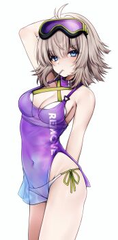 1girl aa-12_(girls&#039;_frontline) aa-12_(the_sun_never_rises)_(girls&#039;_frontline) absurdres apron arm_behind_back arm_behind_head arm_up bags_under_eyes bare_arms bare_shoulders bikini black-framed_eyewear breasts candy cleavage commentary covered_navel criss-cross_halter dot_nose dress english_commentary food food_in_mouth furuca girls&#039;_frontline girls&#039;_frontline_2:_exilium goggles goggles_on_head green-framed_eyewear groin hair_between_eyes halterneck highres lind_(girls&#039;_frontline_2) lollipop lollipop_in_mouth looking_at_viewer messy_hair neck_warmer o-ring official_alternate_costume purple-tinted_eyewear see-through_apron see-through_clothes see-through_dress side-tie_bikini_bottom solo swim_goggles swimsuit swimsuit_cover-up thighs tinted_eyewear white_background