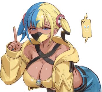 1girl bent_over blonde_hair blue_eyes blue_hair blue_nails breasts canari_(pokemon) cleavage commentary criss-cross_halter gen_4_pokemon halterneck highres index_finger_raised jacket large_breasts looking_at_viewer mask mouth_mask multicolored_hair multicolored_nails nintendo pokemon pokemon_legends:_z-a rakeemspoon rotom rotom_phone short_twintails split-color_hair twintails two-tone_hair two-tone_mask white_background yellow_jacket yellow_nails
