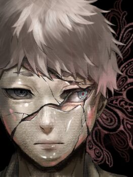Rule 34 | 1boy, black background, closed mouth, cracked mask, highres, hikaru ga shinda natsu, indou hikaru, looking to the side, male focus, mam memi, portrait, red pupils, short eyebrows, short hair, simple background, solo, white hair