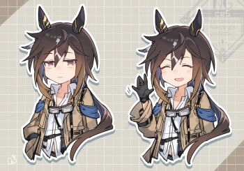 Rule 34 | 1girl, animal ears, asymmetrical shirt, black gloves, blush, brown eyes, brown hair, closed eyes, closed mouth, coat, collarbone, commentary request, cropped torso, ear covers, gb cestus, gloves, goggles, goggles around neck, hair between eyes, hand in pocket, horse ears, horse girl, knife sheath, long hair, multicolored hair, multiple views, open mouth, sheath, shirt, smile, stay gold (sunlit outsider) (umamusume), stay gold (umamusume), umamusume, waving, white hair, white shirt, wrist belt, yellow coat