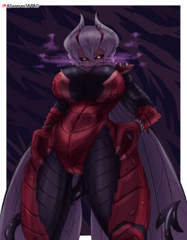 Rule 34 | absurdres, arthropod girl, artist name, beelzebub (helltaker), black tail, border, breasts, breathing smoke, bug, carapace, claws, cleavage, colored smoke, colored tongue, commentary, demon, demon girl, demon horns, demon tail, english commentary, exhaling smoke, feet out of frame, fly, fly girl, freckles, from below, glowing, glowing eyes, hair between eyes, hands on own hips, heart, heavy breathing, helltaker, highres, horns, insect, insect wings, large breasts, looking at viewer, looking down, mandibles, monster girl, multicolored hair, outside border, patreon logo, patreon username, purple background, purple mouth, purple tongue, red carapace, red eyes, red streaks, short hair, slit pupils, smoke, smoke from mouth, smoke heart, streaked hair, suvorovsatbo, tail, teeth, underboob, white border, white hair, white horns, wings