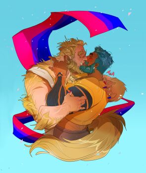 2boys arm_tattoo bara beard bisexual_flag bisexual_male blonde_hair blue_hair body_fur commission couple cropped_shirt cropped_torso dark-skinned_male dark_skin facial_hair fingernails flag_background freckles from_side full_beard hairy hand_hair highres huge_eyebrows husband_and_husband interracial jewelry kiss knuckle_hair lgbt_pride male_focus mature_male monster_boy multiple_boys multiple_rings muscular muscular_male original pejnt_(pejntboks) pointy_ears prehensile_tail profile ring second-party_source sharp_fingernails short_hair tail tail_around_another&#039;s_leg tank_top tattoo thick_arm_hair thick_back_hair thick_beard thick_chest_hair thick_eyebrows tusks very_hairy white_tank_top yaoi