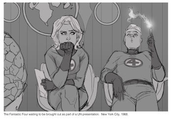 1girl against_wall annoyed ben_grimm bodysuit border caption english_text fantastic_four faux_retro_artstyle fire gloves greyscale human_torch johnny_storm looking_at_another looking_to_the_side looking_up marvel monochrome multicolored_bodysuit out_of_frame phil_noto photo_(object) pyrokinesis retro_artstyle rock_skin short_hair spandex sue_storm superhero_costume two-tone_bodysuit white_border