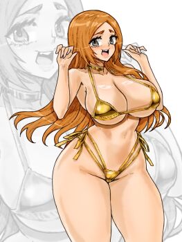 01leteo 1girl 2025 alternate_eye_color bare_shoulders bikini bleach breasts choker collarbone female_focus gold_bikini golden_week grey_eyes highres inoue_orihime large_breasts long_hair navel open_mouth orange_hair shiny_skin simple_background solo solo_focus standing stomach swimsuit teeth thighs tongue upper_teeth_only white_background