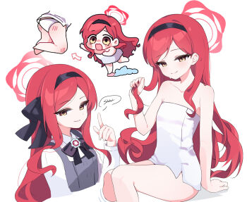 1girl armpit_crease ass bar_soap bare_shoulders black_bow black_hairband blue_archive bow chaum commentary_request dress finger_to_mouth hair_bow hairband halo highres holding holding_own_hair injury long_hair long_sleeves looking_at_viewer multiple_views naked_towel panties pinafore_dress red_hair red_halo shirt shushing simple_background sleeveless sleeveless_dress slipping smile takane_(blue_archive) towel tripping underwear white_background white_panties white_shirt yellow_eyes