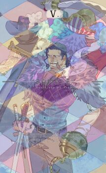3boys ascot buggy_the_clown card_(medium) cigar commentary crocodile_(one_piece) dracule_mihawk gloves hair_slicked_back hat hat_feather highres holding holding_sword holding_weapon hook_hand jewelry multiple_boys one_piece orange_ascot pirate_hat purple_vest ring sample_watermark siyangou49 stitched_face stitches sword tarot tarot_(medium) vest watermark weapon white_gloves