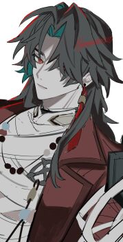 1boy bandaged_chest black_hair blade_(elation)_(honkai:_star_rail) blade_(honkai:_star_rail) coat colored_inner_hair commentary_request earrings edamameko210 hair_over_one_eye highres honkai:_star_rail honkai_(series) jewelry lapels looking_to_the_side male_focus multicolored_hair necklace notched_lapels one_eye_covered piercing sideways_glance simple_background solo tassel tassel_earrings white_background