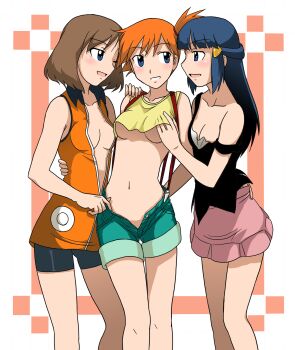3girls :d ;d alternate_costume bare_shoulders bike_shorts black_dress blue_eyes blue_hair blush breasts brown_hair cleavage collarbone collared_shirt dawn_(pokemon) dress eye_contact female_focus fff_threesome bad_tag girl_sandwich grabbing_another's_breast grin groping group_sex gym_leader hand_under_clothes happy highres latex long_hair looking_at_another may_(pokemon) may_(pokemon_emerald) medium_breasts misty_(pokemon) multigrope multiple_girls naughty_face navel nintendo no_bra no_headwear off_shoulder one_eye_closed open_clothes open_mouth open_shirt orange_hair orange_shirt parted_lips pink_skirt pokemon pokemon_(anime) pokemon_dppt pokemon_rgby pokemon_rse sandwiched shirt short_hair shorts skirt smile standing strap_slip suspenders takaya_n threesome underboob undressing unzipped wink yuri