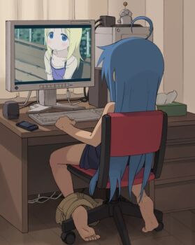 00s ana_coppola antenna_hair barefoot blue_hair computer feet from_behind go_robots ichigo_mashimaro izumi_konata computer_keyboard loli long_hair lucky_star masturbation pants_around_one_leg soles tissue tissue_box toes