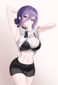 1girl absurdres arm_up armpits black_bra black_choker black_ribbon black_shorts bra breasts chainsaw_man choker closed_mouth clothes_lift green_eyes grenade_pin hair_behind_ear hair_bun highres large_breasts lifting_own_clothes looking_at_viewer navel neck_ribbon purple_hair reze_(chainsaw_man) ribbon shirt_lift short_shorts shorts shuri_ri1220 solo underwear