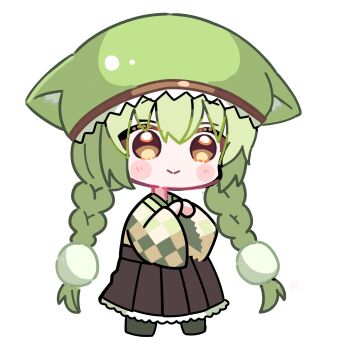Rule 34 | 1girl, absurdres, black shoes, blush stickers, braid, brown hakama, checkered clothes, checkered kimono, chibi, chibi only, closed mouth, commentary request, frilled hakama, full body, green hair, green hat, green kimono, hair between eyes, hakama, hakama skirt, hat, highres, japanese clothes, katada sou, kimono, long hair, long sleeves, original, shoes, simple background, skirt, smile, solo, standing, twin braids, very long hair, white background, wide sleeves, yellow eyes