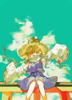 1girl ^_^ blonde_hair brown_hat closed_eyes commentary_request day detached_sleeves feet_out_of_frame green_sky hat highres medium_hair moriya_suwako open_mouth outdoors purple_skirt purple_vest shinjitsu_no_kuchi sitting sitting_on_torii skirt sky smile solo torii touhou vest white_sleeves wide_sleeves