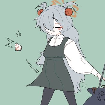 1girl animated animated_gif black_pantyhose blue_archive cauldron closed_eyes cowboy_shot dancing dress dthmns green_background grey_hair hair_over_one_eye halo kanoe_(blue_archive) long_hair long_sleeves orange_halo pantyhose pinafore_dress shirt simple_background sleeveless sleeveless_dress solo stirring very_long_hair white_shirt