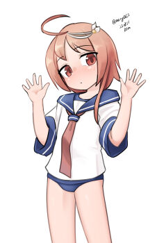 Rule 34 | 1girl, absurdres, ahoge, blue one-piece swimsuit, blue sailor collar, commentary request, feet out of frame, hair ornament, highres, i-58 (kancolle), kantai collection, looking at viewer, maru (marg0613), neckerchief, old school swimsuit, one-hour drawing challenge, one-piece swimsuit, pink hair, red eyes, red neckerchief, sailor collar, school swimsuit, school uniform, serafuku, shirt, short hair, simple background, solo, swimsuit, swimsuit under clothes, waving, white background, white shirt
