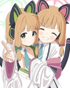 Rule 34 | 2girls, absurdres, animal ear headphones, animal ears, arm around shoulder, black tail, blue archive, blue necktie, blunt bangs, blush, bow, brown hair, cat ear headphones, cat ears, cat tail, closed eyes, closed mouth, collared shirt, commentary, facing viewer, fake animal ears, fake tail, green bow, green eyes, green halo, green jacket, grin, hair bow, halo, hand on another's shoulder, hand on own chest, headphones, highres, hood, hood down, hooded jacket, jacket, kiyomizu (pixiv 43343020), long sleeves, looking at viewer, low-tied sidelocks, medium hair, midori (blue archive), momoi (blue archive), multicolored jacket, multiple girls, necktie, off shoulder, open clothes, open jacket, parted bangs, pink halo, pink jacket, red bow, shirt, siblings, sidelocks, simple background, sisters, smile, suspenders, tail, tail raised, twins, two-sided fabric, two-sided jacket, upper body, v, v-shaped eyebrows, white background, white jacket, white shirt, wide sleeves