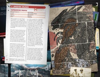 absurdres cave_paintings character_name character_profile conspiracy cross_promotion giant giant_monster glyph godzilla:_aftershock godzilla_(series) hieroglyphics highres kaiju legendary_pictures monarch_(monsterverse) monster monsterverse mural muto_(godzilla) muto_prime ocean official_art photo_(object) promotional_art science spikes text_focus tie-in toho viral_marketing watercraft