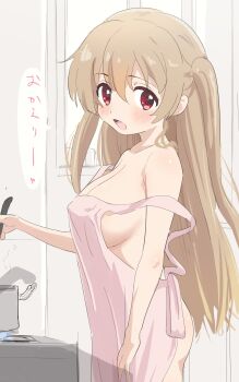 1girl :d apron armpit_crease ass blush breasts collarbone cooking covered_erect_nipples from_side hair_between_eyes highres kitchen ladle large_breasts light_brown_hair long_hair looking_at_viewer looking_to_the_side minagi_koharu musical_note naked_apron no_bra off_shoulder open_mouth pink_apron pot red_eyes shiny_skin sideboob sincos sketch sketch_background slow_loop smile solo spoken_musical_note standing steam stove strap_slip translated two_side_up unfinished window