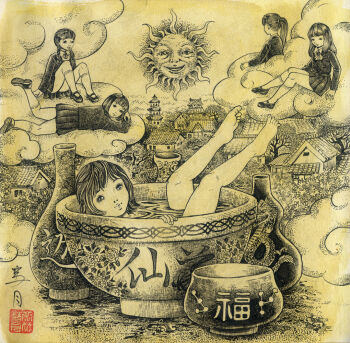 5girls arm_support barefoot bath bottle bow bowl bowtie braid cloud fractal_underground_studio high_ponytail house jacket kneehighs legs_up loli long_sleeves looking_at_viewer lying mary_janes monochrome multiple_girls nude original parted_lips ponytail school_uniform shirt shoes short_hair sitting skirt sky smile socks sun sun_with_face tower traditional_media tree twin_braids water