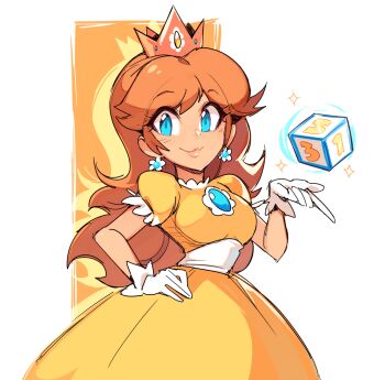 1girl almightychiru blue_eyes breasts closed_mouth commentary crown daisy_(flower) dice dice_block dress english_commentary flower gem gloves hair_ornament hand_on_own_hip long_hair looking_at_viewer mario_(series) mario_party nintendo orange_dress orange_hair princess_daisy puffy_short_sleeves puffy_sleeves short_sleeves smile solo sparkle upper_body white_gloves