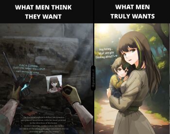 1girl 2boys bleeding blood carrying carrying_person child child_carry cigarette dgkamikaze english_text forest girls'_frontline gloves highres holding holding_cigarette holding_photo holding_radio looking_at_viewer m4a1_(girls'_frontline) mother_and_son multiple_boys nature photo_(object) smoke