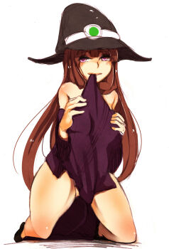 1girl at2. black_footwear black_headwear blush brown_hair hat highres kneeling long_hair looking_at_viewer minecraft mob_talker parted_lips personification purple_eyes pussy pussy_peek smile very_long_hair witch_(minecraft) witch_hat