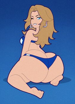 Rule 34 | 1girl, absurdres, ass, bare shoulders, bikini, blue bikini, blue bra, blue eyes, blue panties, bra, breasts, commentary, commission, ear piercing, earrings, english commentary, english text, fantastic four, from behind, full body, highres, hoop earrings, huge ass, jewelry, large variant set, long hair, marvel, multicolored bikini, one eye closed, open mouth, panties, piercing, shadow, sitting, solo, sue storm, swimsuit, teeth, tonyneely, underwear, variant set, wariza, ych commission