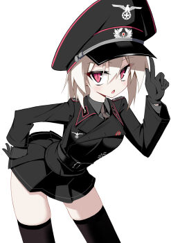 1girl absurdres belt bent_over black_gloves black_thighhighs blonde_hair blush commentary_request gloves grey_necktie grey_shirt hat highres jiseki_rena looking_at_viewer medium_hair military_hat military_uniform necktie open_mouth original peaked_cap pleated_skirt red_eyes reichsadler rena_(jiseki_rena) shirt skindentation skirt solo swastika thighhighs thighs wehrmacht white_background zettai_ryouiki