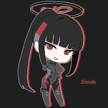 1girl absurdres aiming aiming_at_viewer black_background black_bodysuit black_hair black_halo blue_archive blunt_bangs bodysuit chibi chibi_only drop_shadow full_body gun halo hashtag-only_commentary highres holding holding_gun holding_weapon long_hair looking_at_viewer official_alternate_costume official_alternate_hairstyle pixel_art red_eyes ringed_eyes rio_(armed)_(blue_archive) rio_(blue_archive) simple_background slmnk10124 smile solo weapon