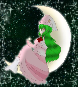 Rule 34 | 1girl, crescent moon, green hair, highres, kazami yuuka, kazami yuuka (pc-98), long hair, lotus land story, moon, on crescent, on moon, pajamas, pink pajamas, red ribbon, ribbon, sleeping, socks, solo, star (sky), touhou, touhou (pc-98), white socks, yuuna arlovskaya